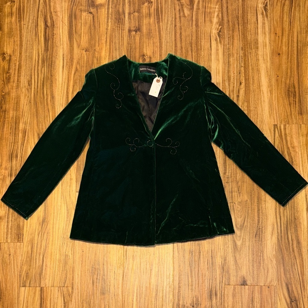Helena Caballero women’s large 12 jacket top Green Velvet beads elegant holiday